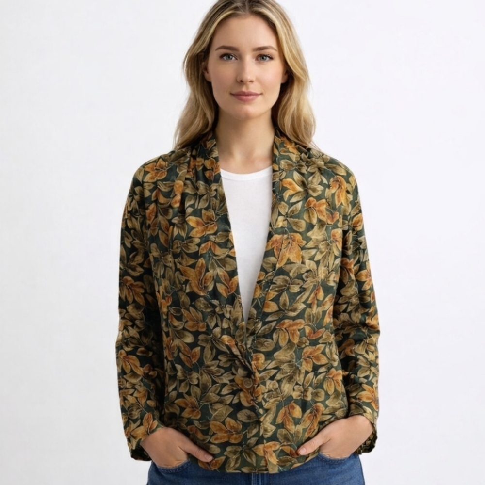 100% SILK Boho Floral Blazer L Leaf Print Eclectic Grandpa Jacket